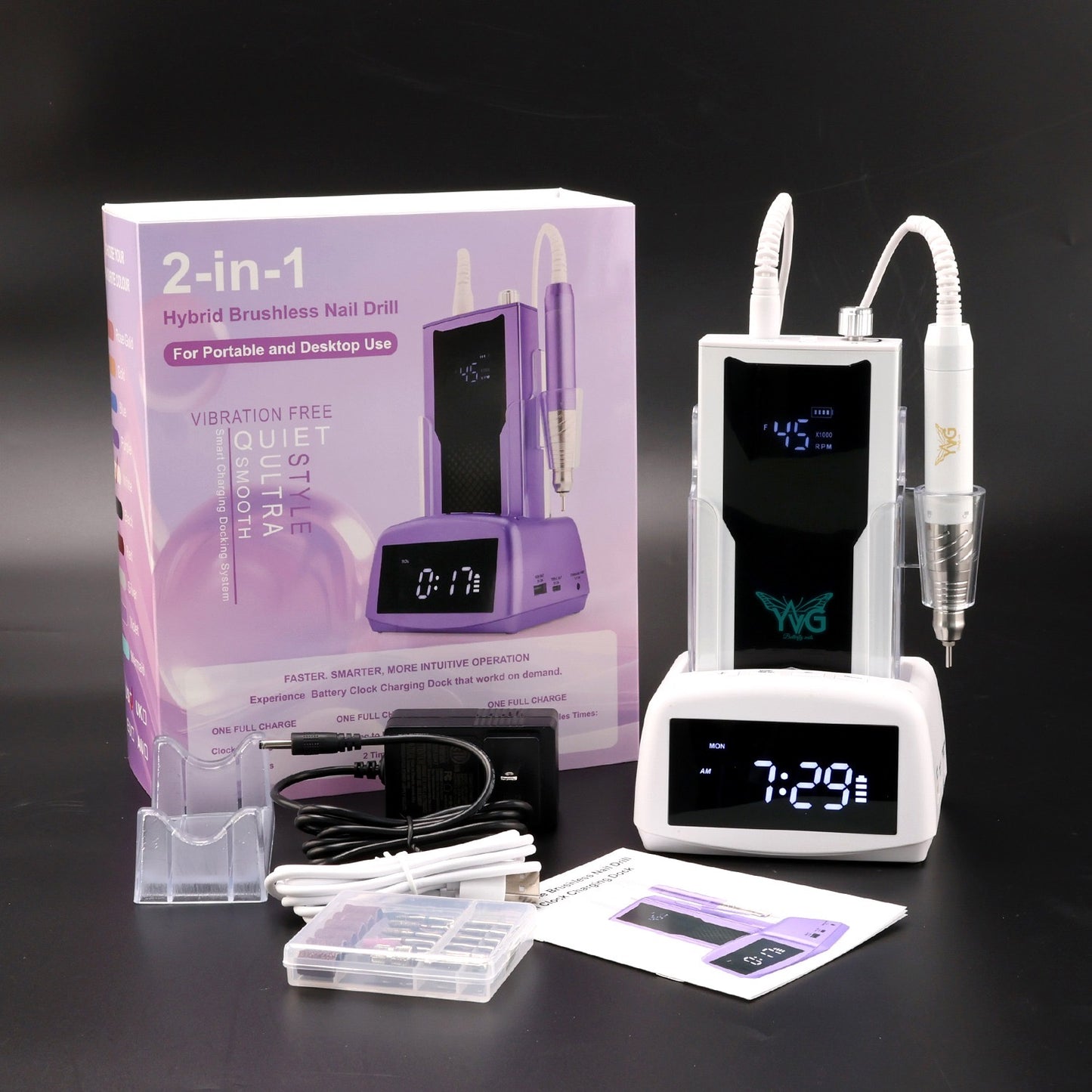 Drill recargable 2 en 1 para uñas , Nails drill vibration free , color blanco , 45 k