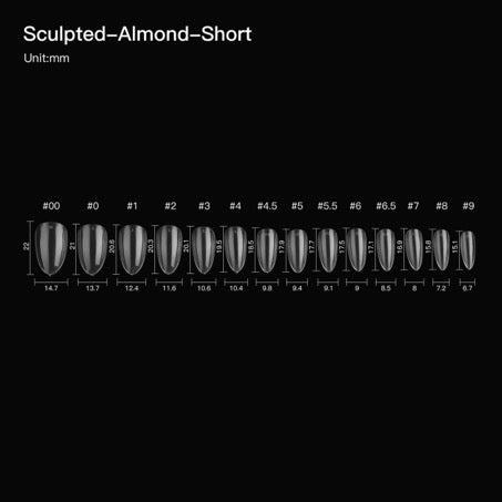 Soft gel sculpted almond short de 14 sizes, 602 pcs con medio número incluido